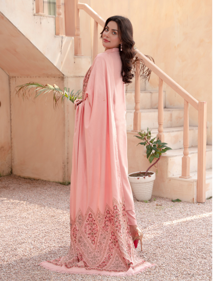 (Pink) 3 Pc Dhanak Dress with Embroidered Wool Shawl Dupatta | Winter Wear | RANIYA.H