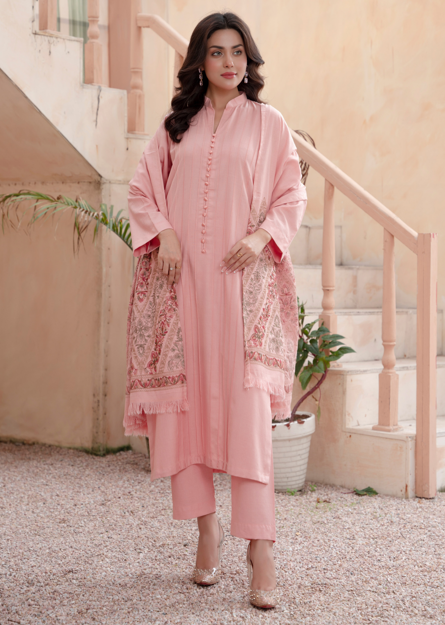 (Pink) 3 Pc Dhanak Dress with Embroidered Wool Shawl Dupatta | Winter Wear | RANIYA.H