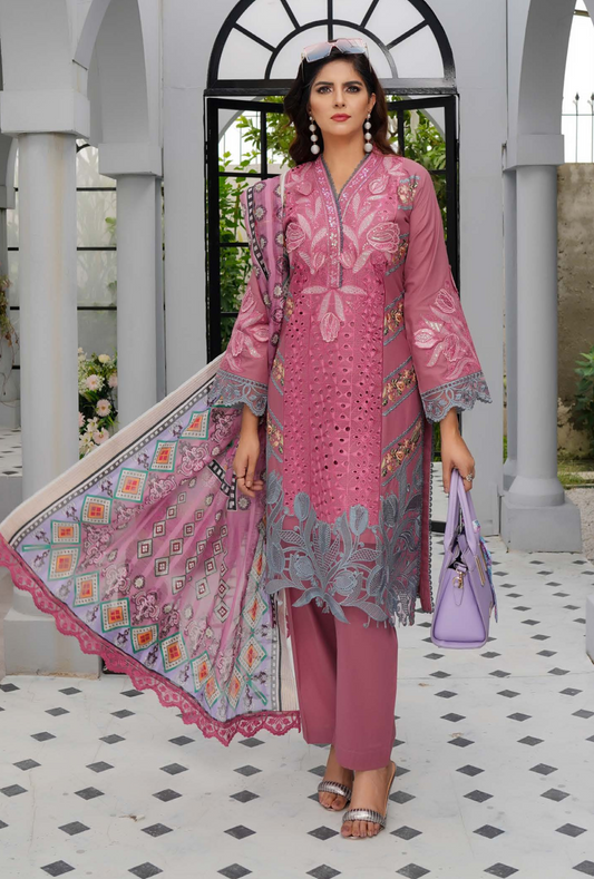 (Pink) Heavy Embroidered Cotton Linen Ready to Wear Dress - MUNIRA