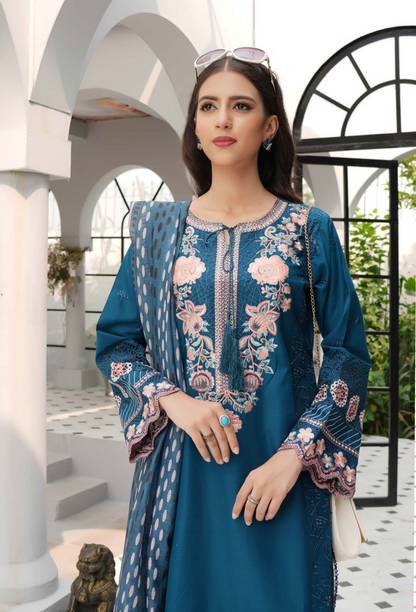 (Blue) Heavy Embroidered Cotton Linen Ready to Wear Dress - MUNIRA