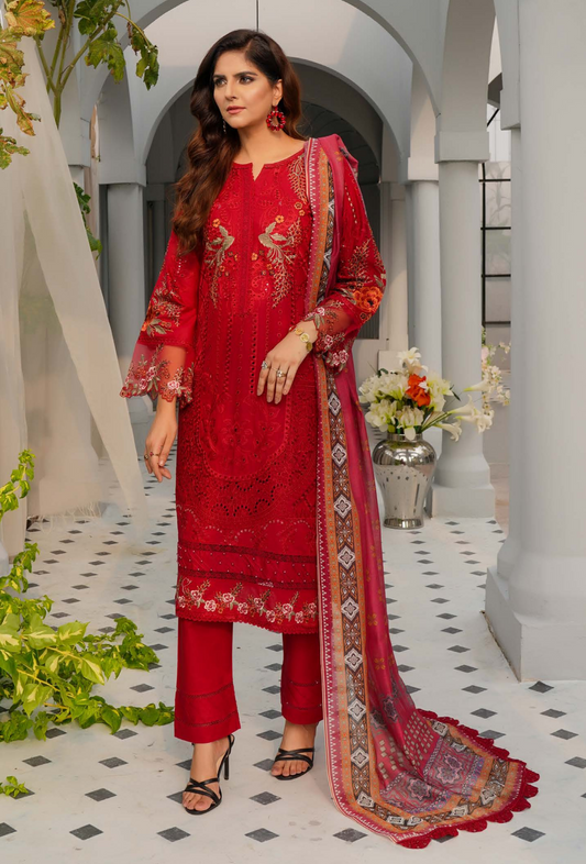 (Red) Heavy Embroidered Cotton Linen Ready to Wear Dress - MUNIRA