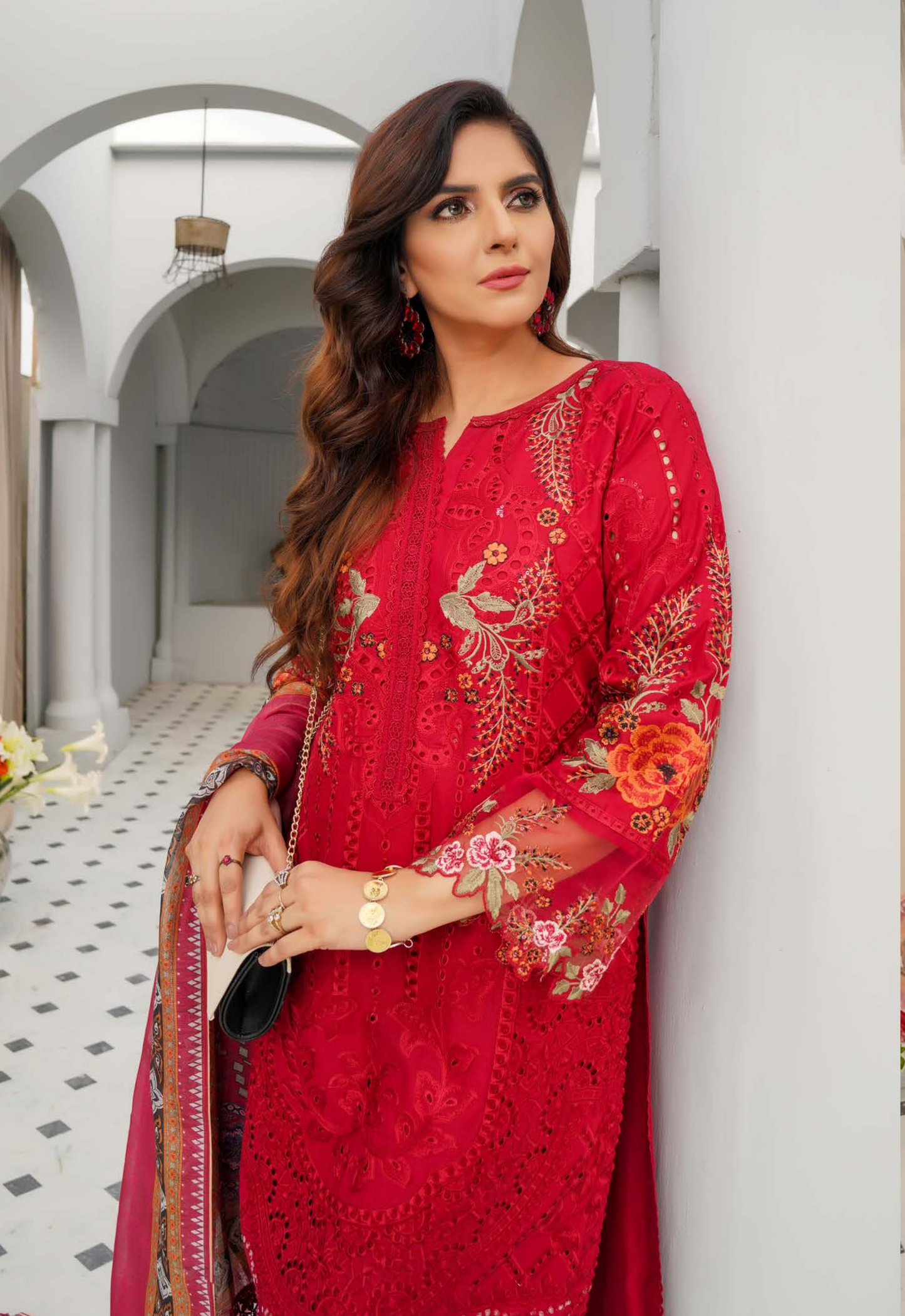 (Red) Heavy Embroidered Cotton Linen Ready to Wear Dress - MUNIRA