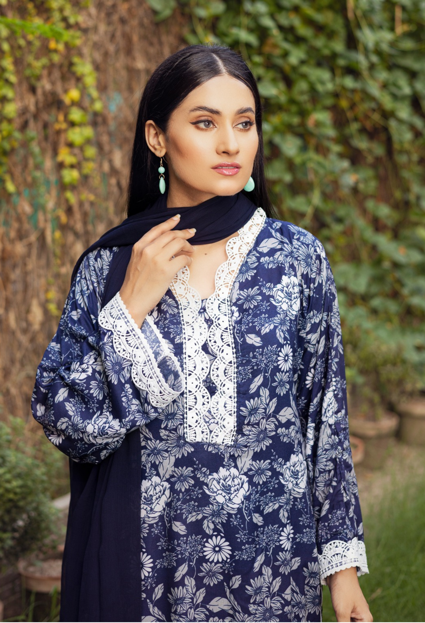 Blue & White | Printed Linen Salwar Kameez With Chiffon Dupatta| Ready to Wear 3 Pc dress - Rangz