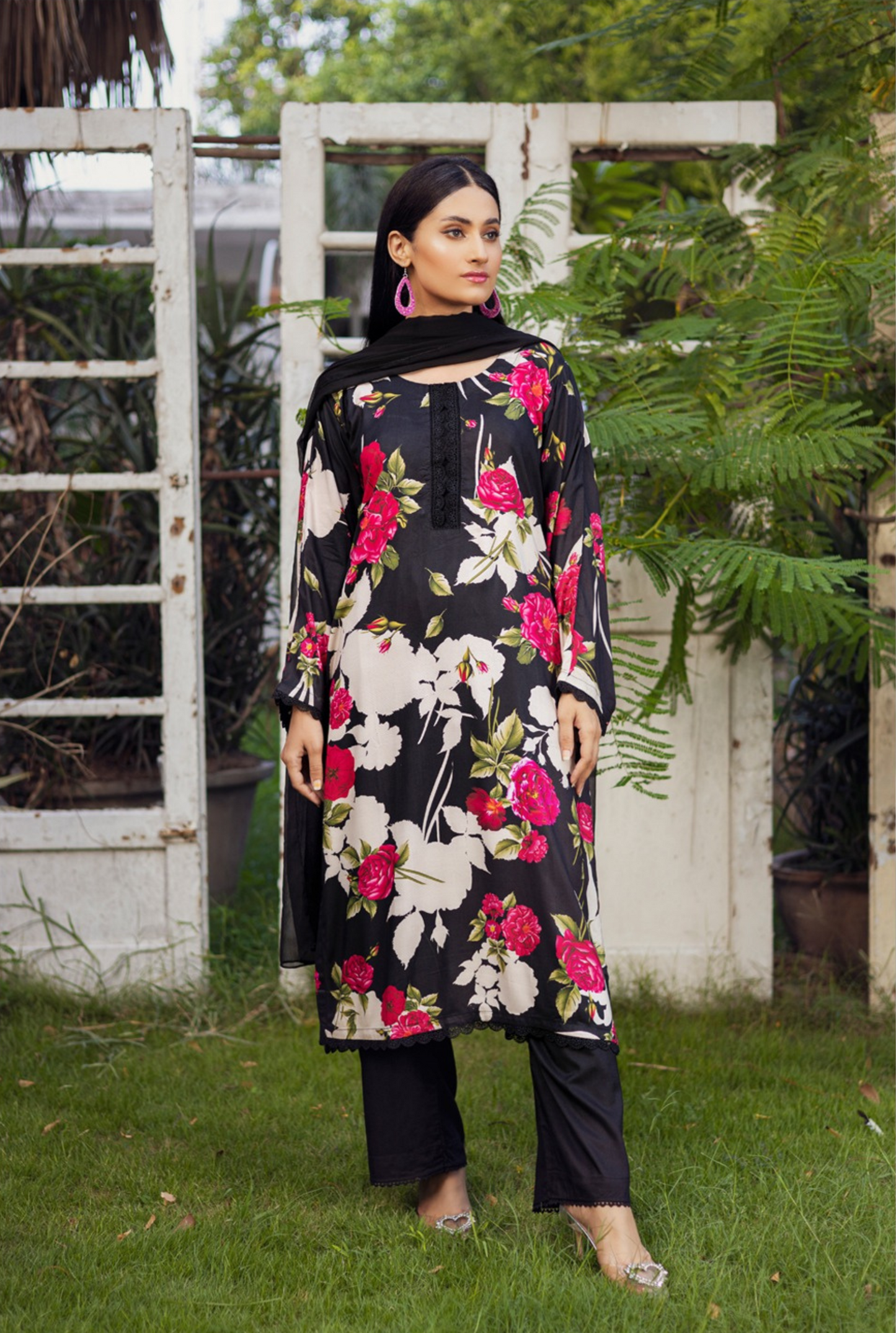 Black | Printed Linen Salwar Kameez With Chiffon Dupatta| Ready to Wear 3 Pc dress - Rangz