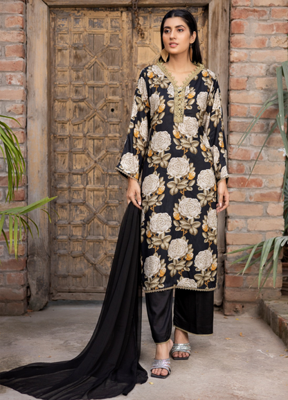 Black | Printed Linen Salwar Kameez With Chiffon Dupatta| Ready to Wear 3 Pc dress - Rangz