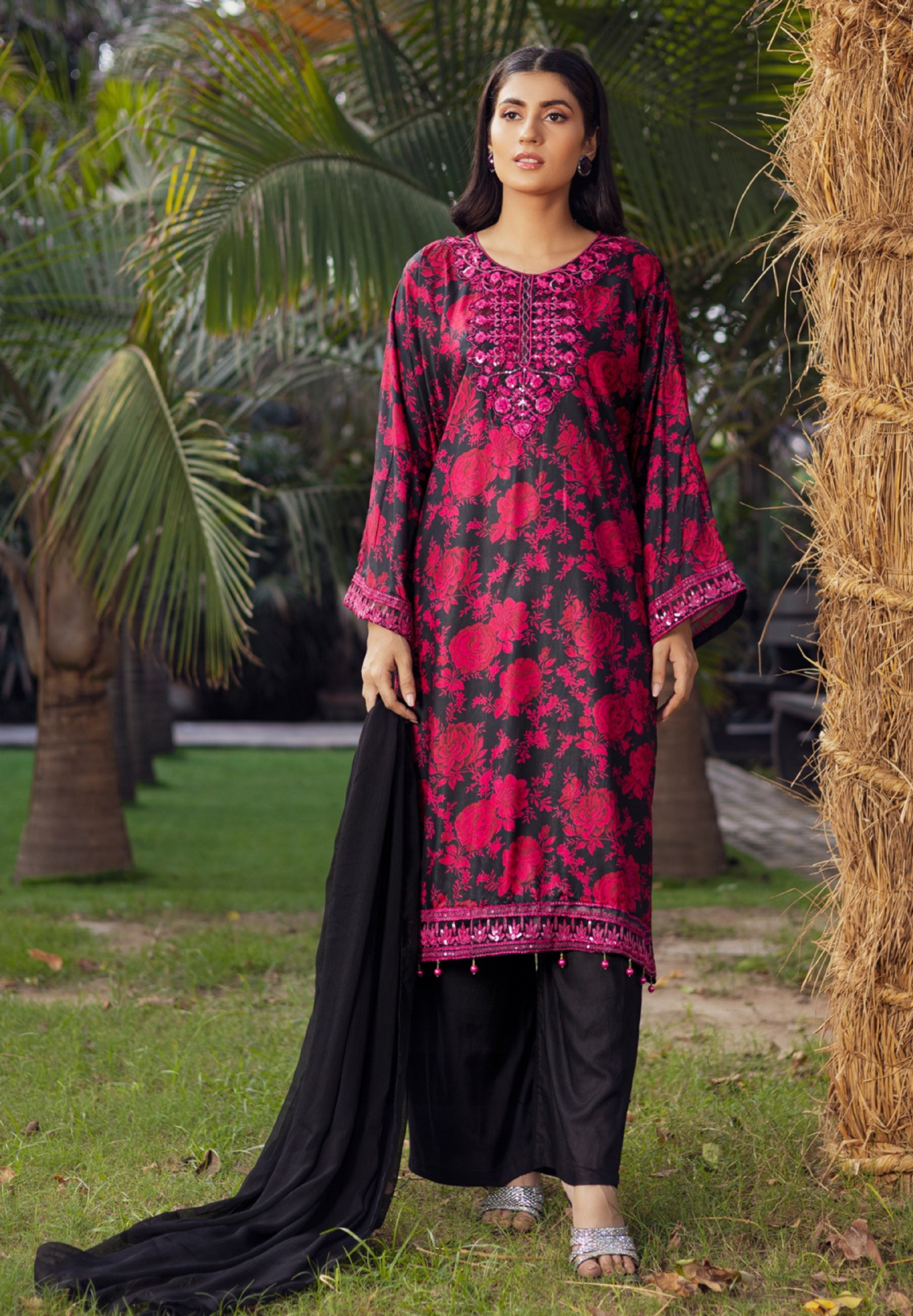 Black & Pink | Printed Linen Salwar Kameez With Chiffon Dupatta| Ready to Wear 3 Pc dress - Rangz