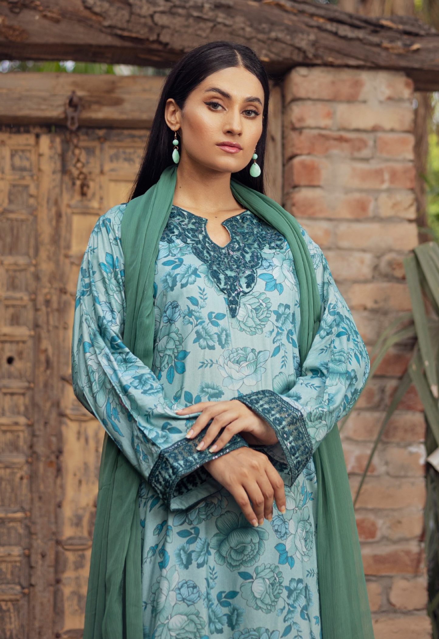 Pale Sea Green | Printed Linen Salwar Kameez With Chiffon Dupatta| Ready to Wear 3 Pc dress - Rangz