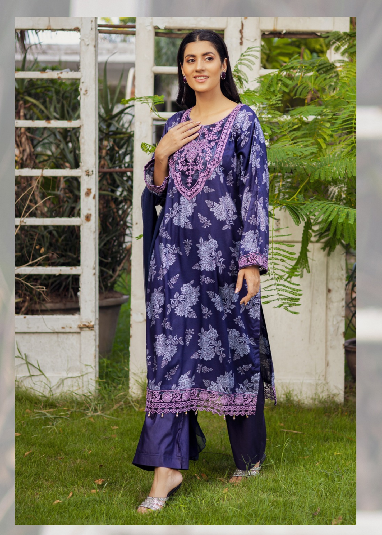 Purple | Printed Linen Salwar Kameez With Chiffon Dupatta| Ready to Wear 3 Pc dress - Rangz