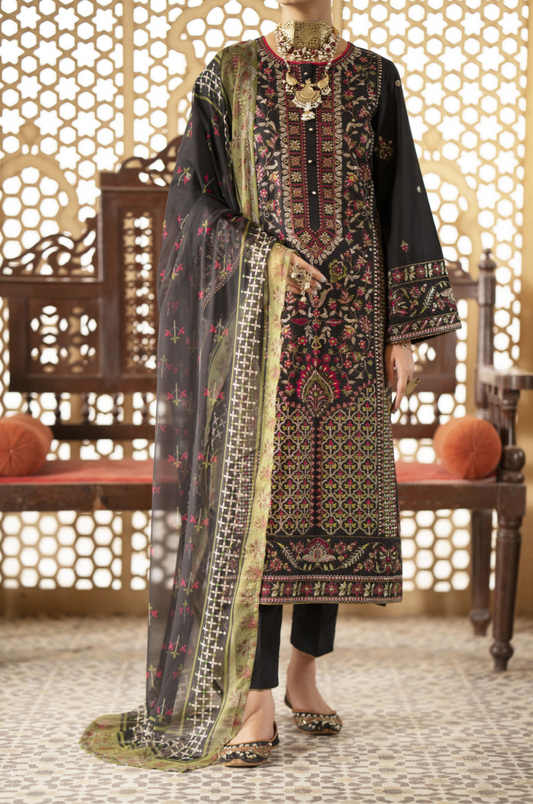 (Multi) Embroidered Cotton Lawn 3 Pc Dress - Casuallite