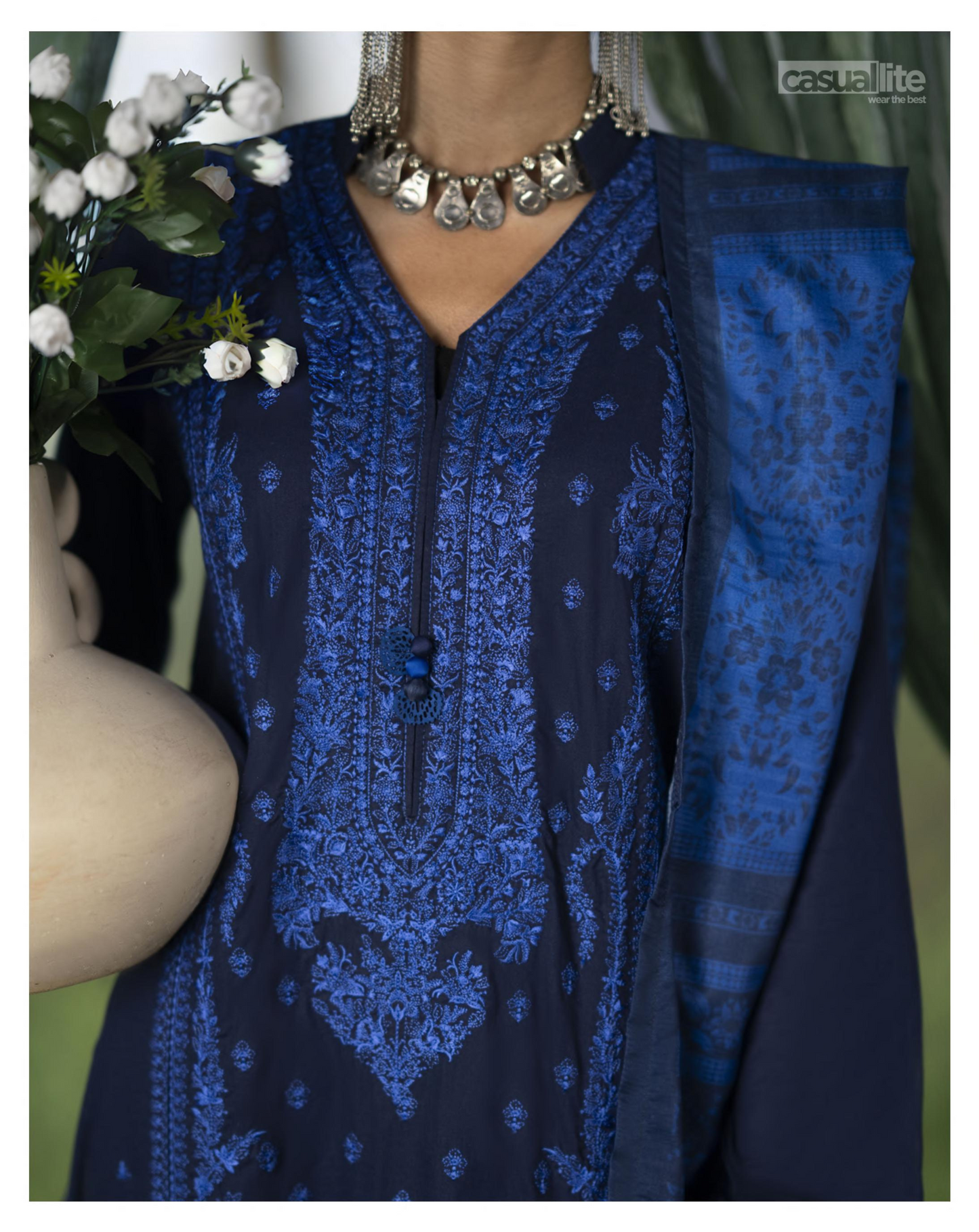 (Dark Blue) Embroidered Linen 3 Pc Ready to Wear by Casuallite