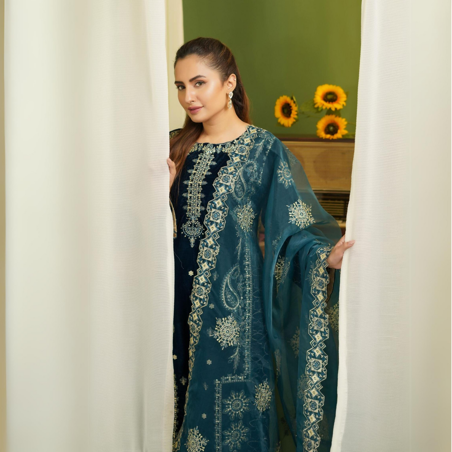 (Teal Blue) Luxury Velvet Ready to Wear Embroidered Collection by Simrans