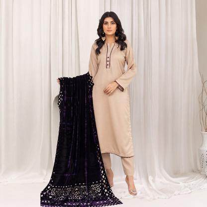 (Beige) 3 Pc Dhanak Dress with Laser Velvet Shawl | Winter Collection | Rangz | UMRGZ3501