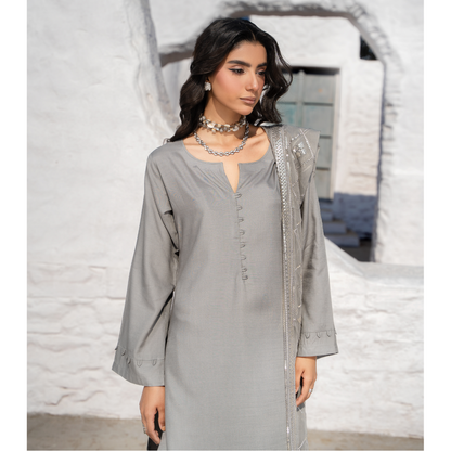 3 Pc Solid Slub Linen Dress with Embroidered Chiffon Dupatta| Winter Collection | Raniya.h | RA-13