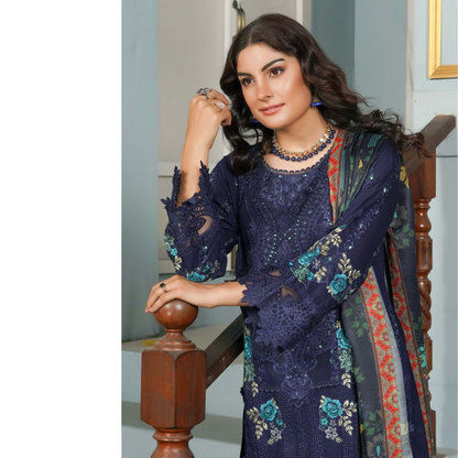 (NAVY BLUE) Heavy Embroidered Dhanak Ready to Wear Dress - MUNIRA