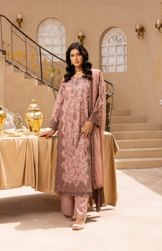 Rosy Tan|Embroidered Cambric Cotton|3 Pc|Simrans