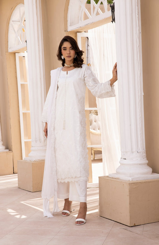 White|Embroidered Cambric Cotton|3 Pc|Simrans