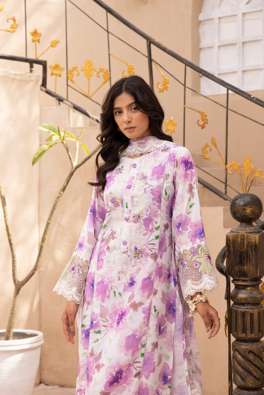 Lilac floral 3 piece embroidered lawn dress-Simrans