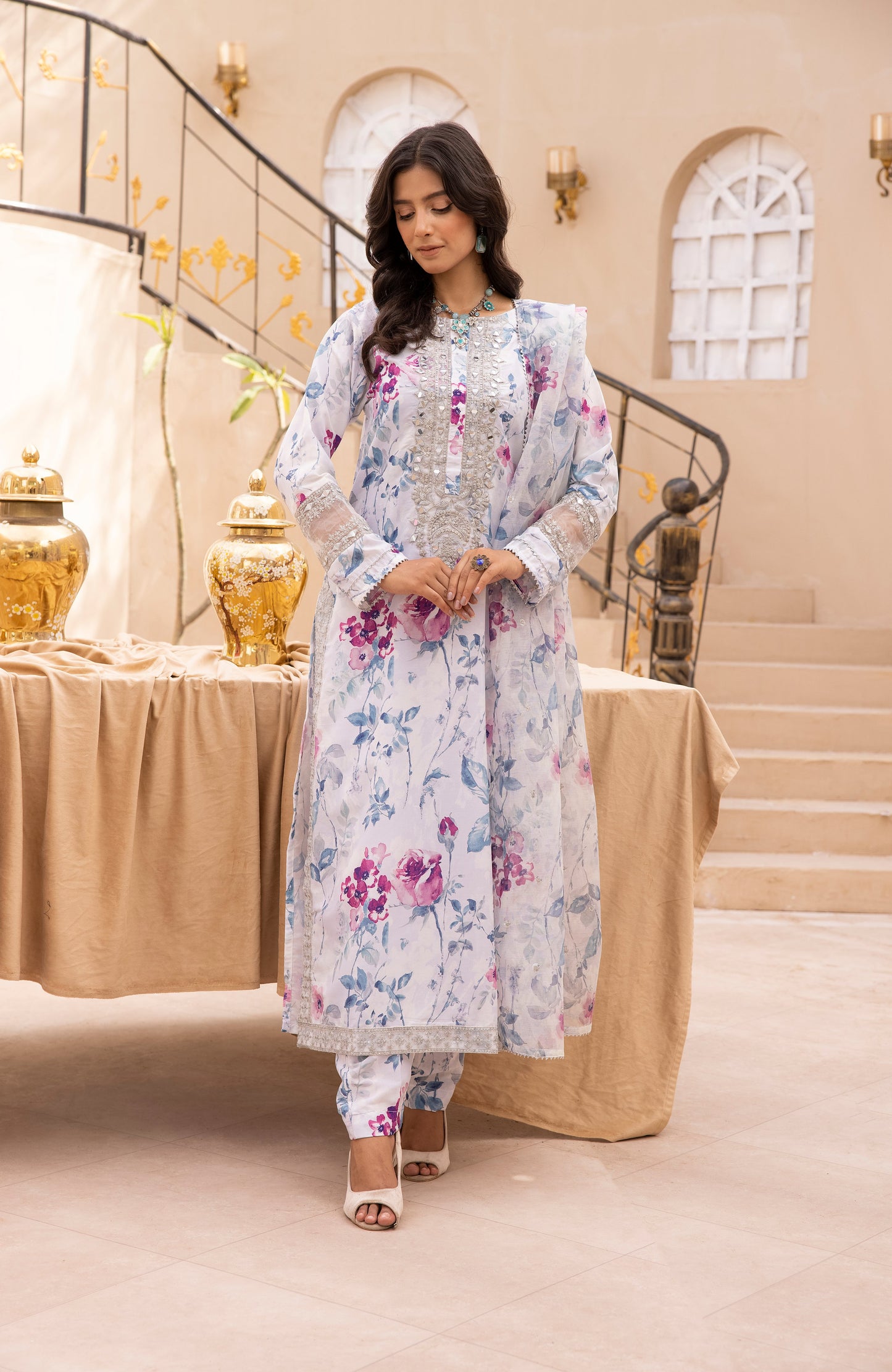 White Multi floral 3 piece embroidered lawn dress-Simrans