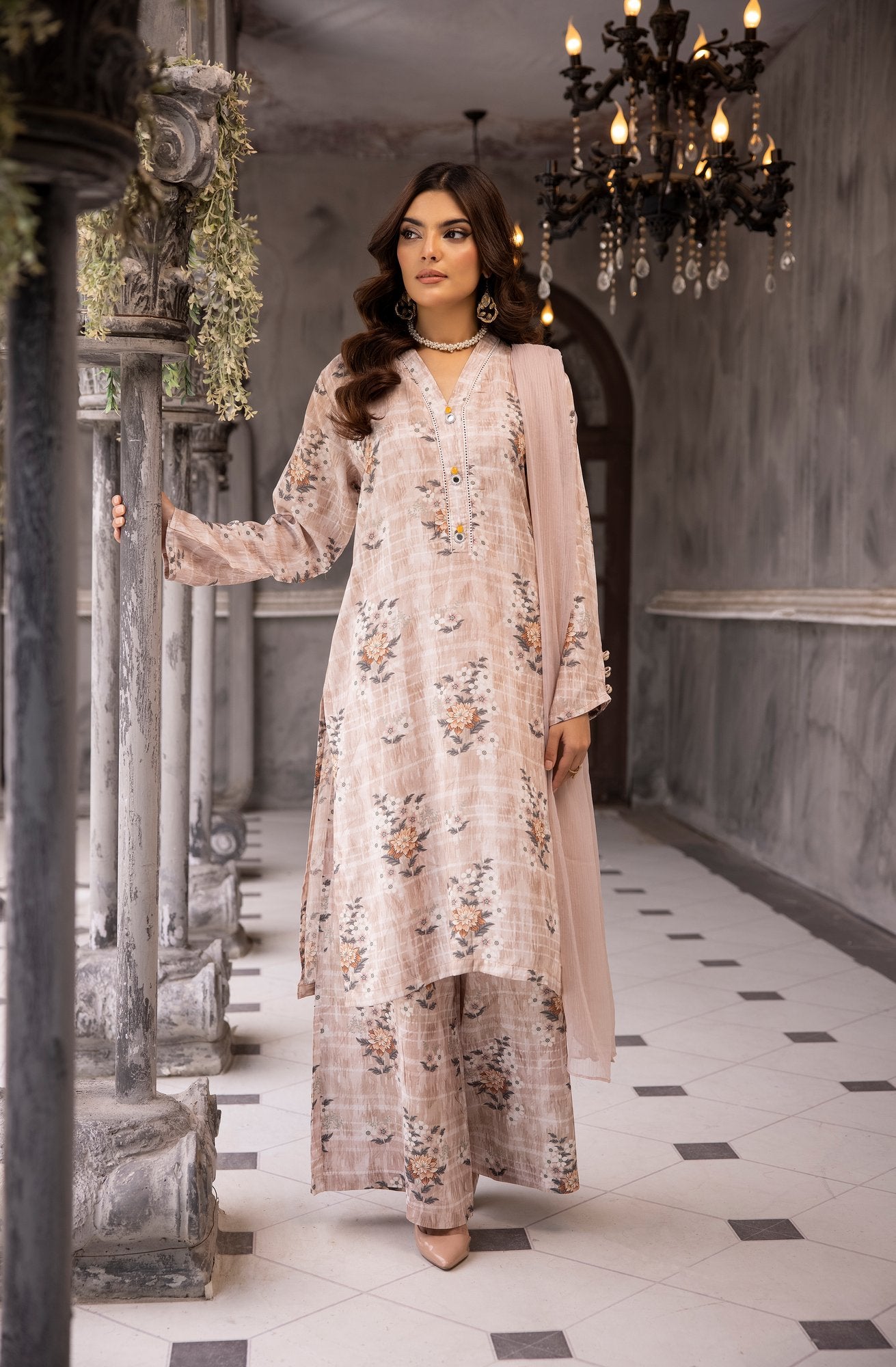 (Beige) 3 Piece Printed Lawn dress by Simran