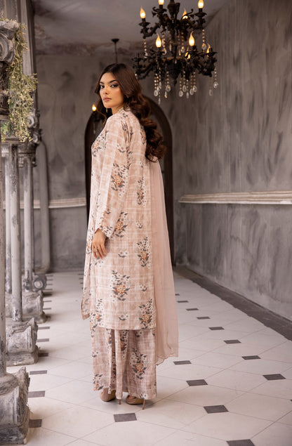 (Beige) 3 Piece Printed Lawn dress by Simran