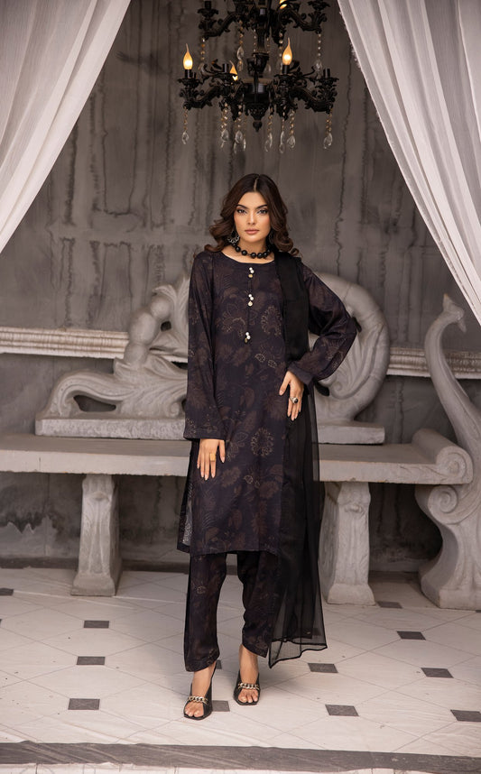 (Black) 3 Piece Printed Lawn dress by Simran