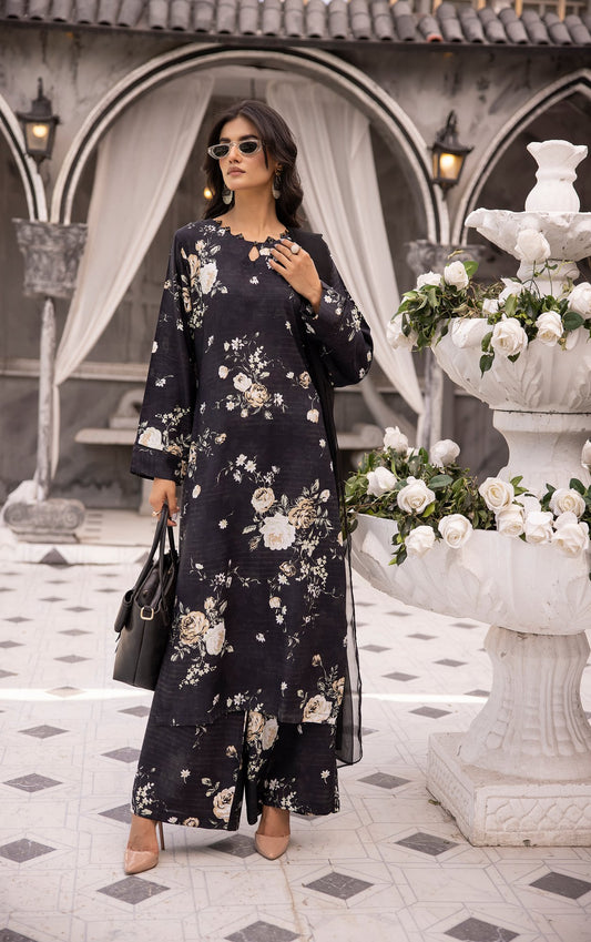 (Black) 3 Piece Printed Lawn dress by Simran