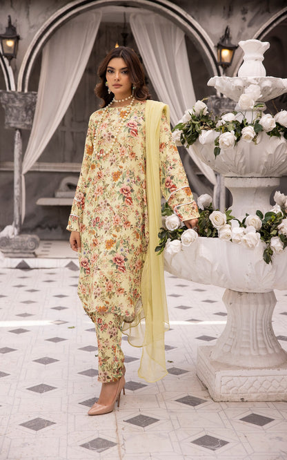 (Dull Yellow) 3 Piece Printed Lawn dress by Simran