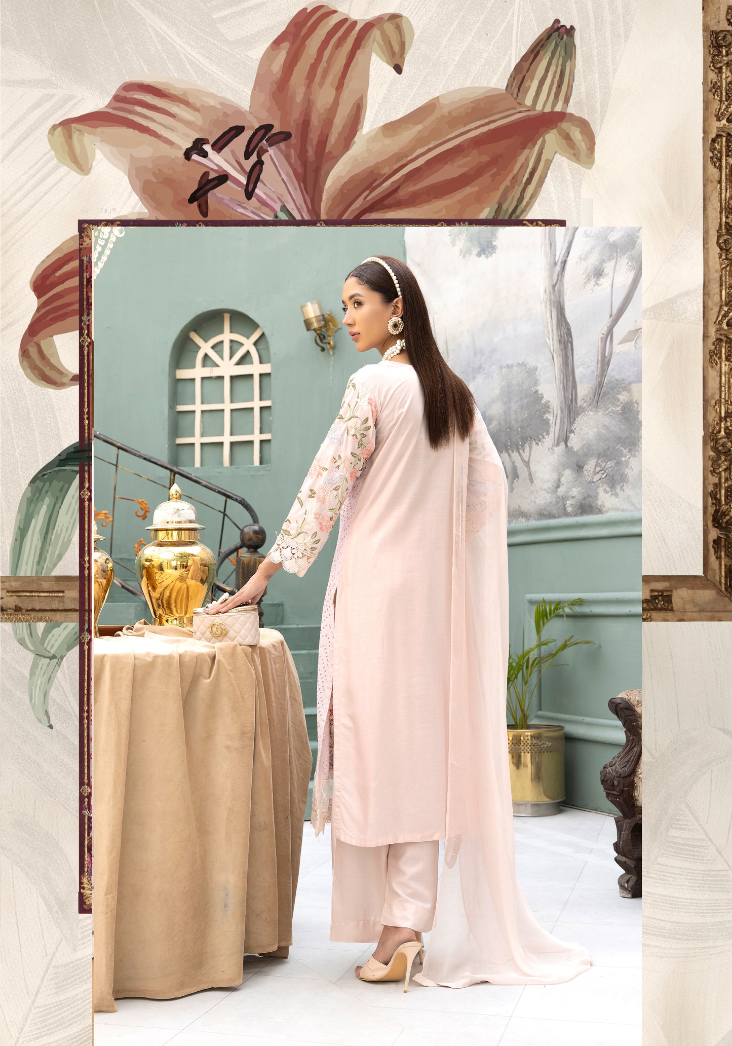 (Pale Peach ) Embroidered Linen with Chiffon Duppatta - Simrans