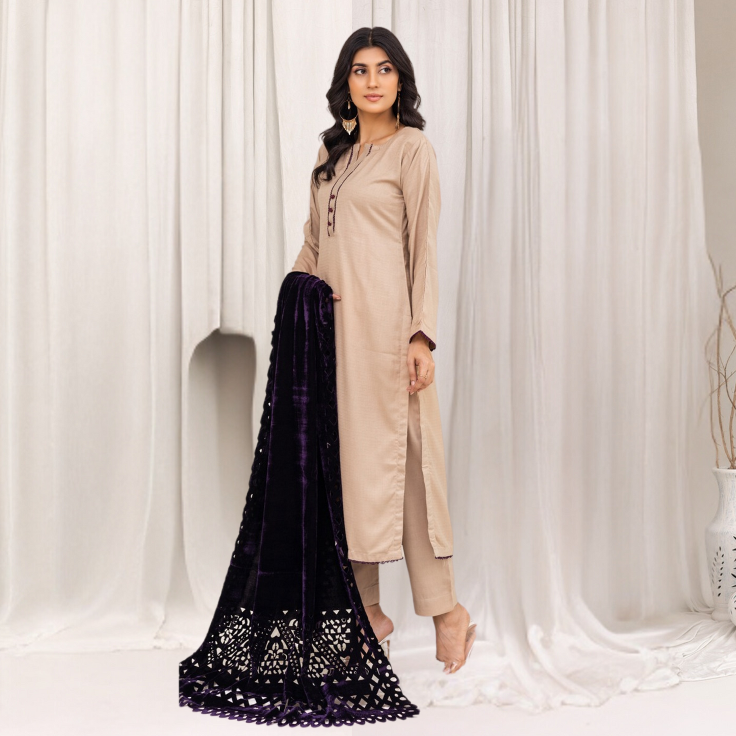 (Beige) 3 Pc Dhanak Dress with Laser Velvet Shawl | Winter Collection | Rangz | UMRGZ3501