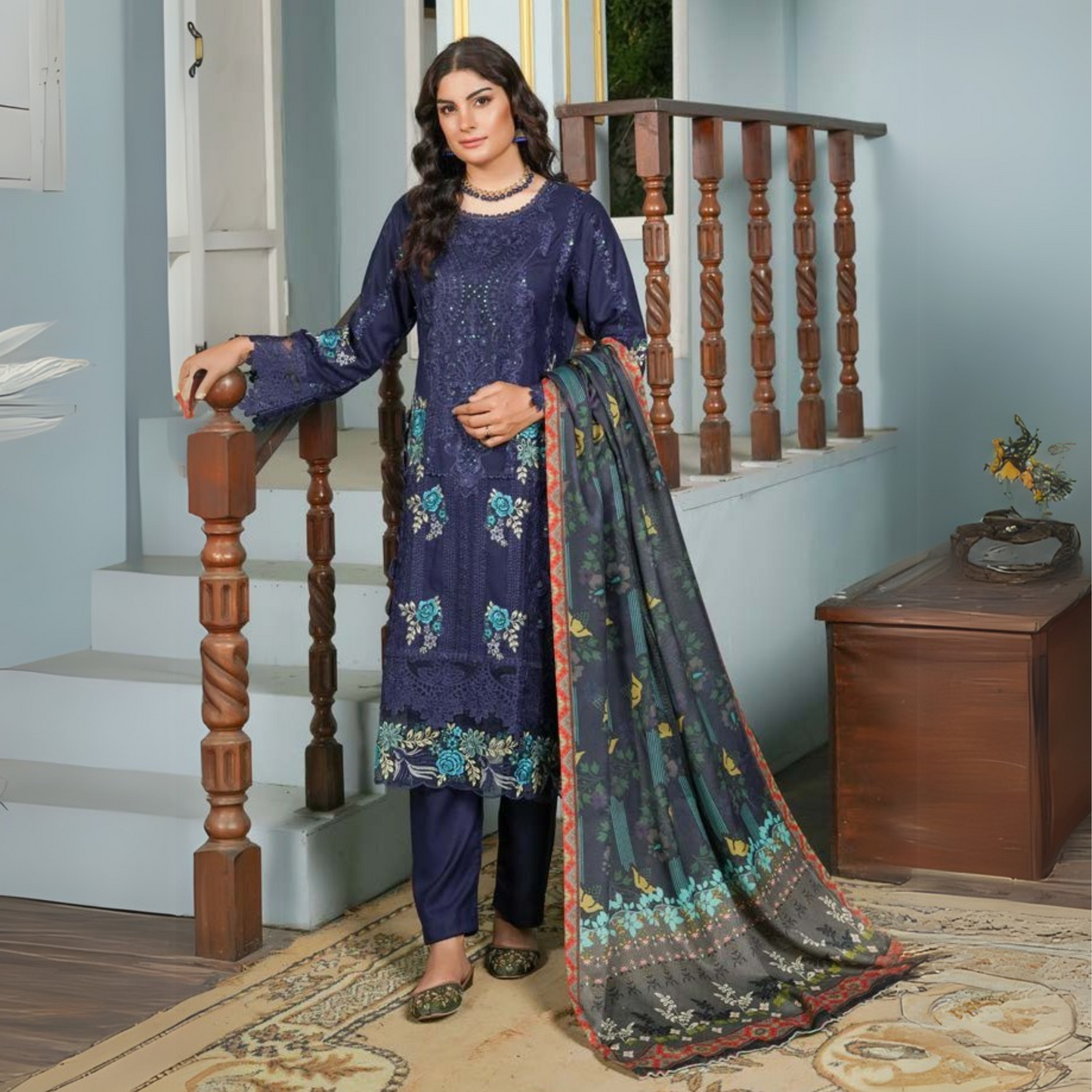 (NAVY BLUE) Heavy Embroidered Dhanak Ready to Wear Dress - MUNIRA