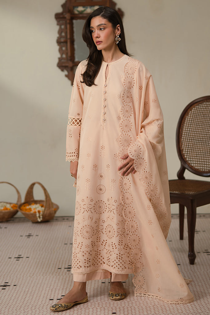 Ivory Peach 3 Pc Chikenkari Lawn Dress - Umnaa