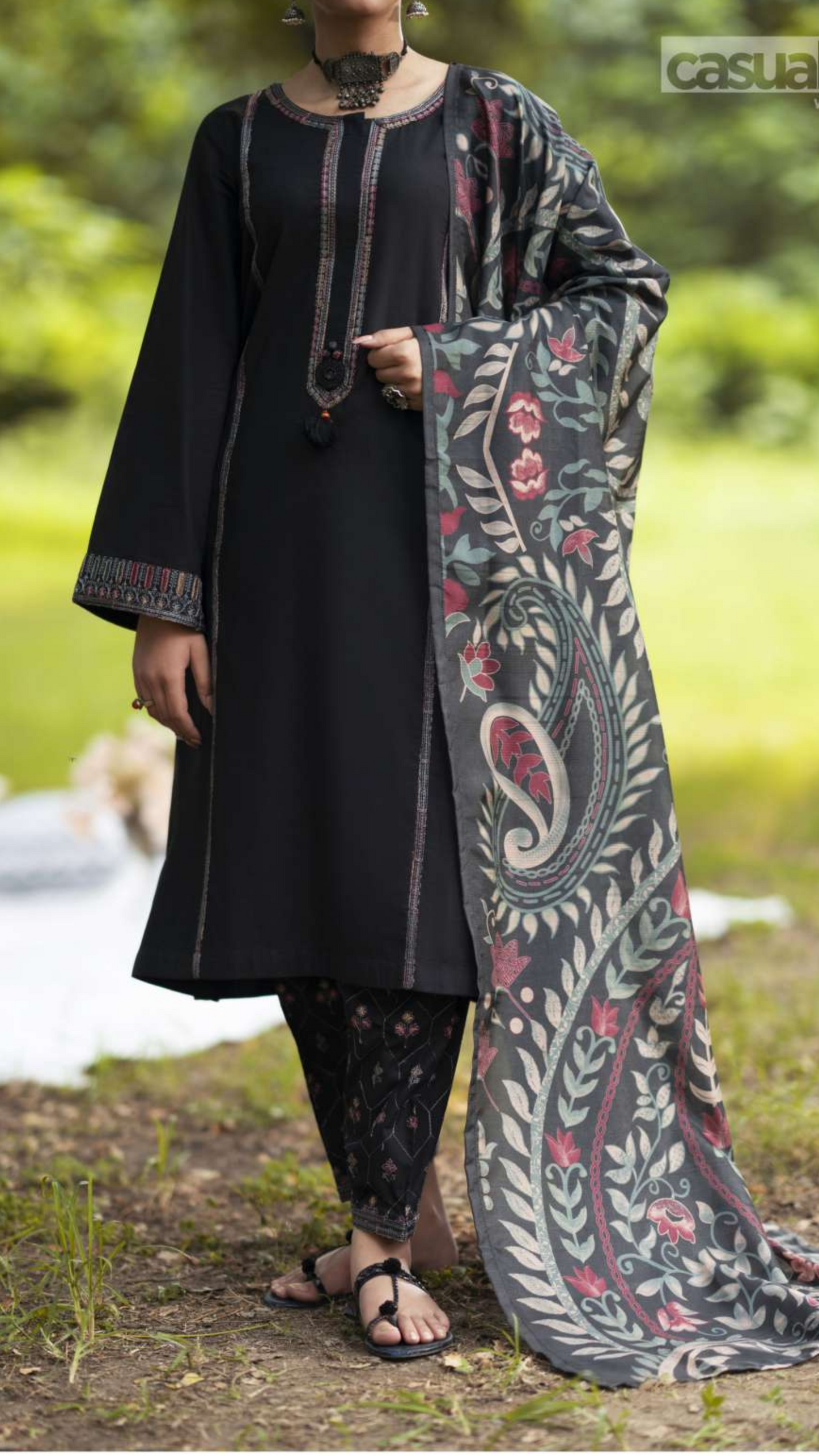 Black | Embroidered Linen | 3 Pc | Ready to Wear | Casuallite