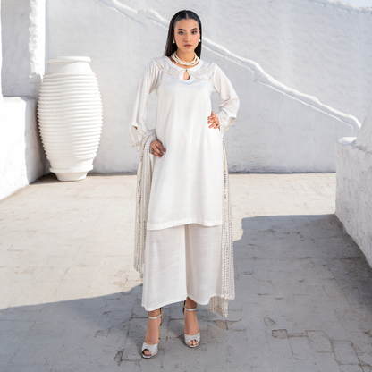 3 Pc Solid Slub Linen Dress with Embroidered Chiffon Dupatta| Winter Collection | Raniya.h | RA-13