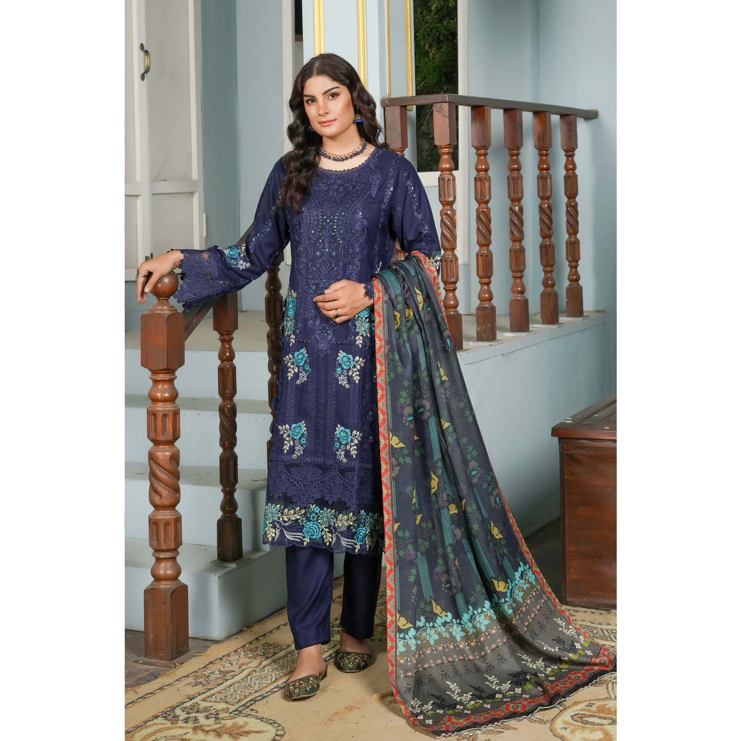 (NAVY BLUE) Heavy Embroidered Dhanak Ready to Wear Dress - MUNIRA