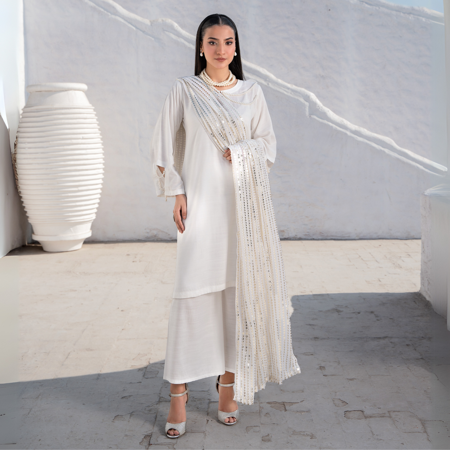 3 Pc Solid Slub Linen Dress with Embroidered Chiffon Dupatta| Winter Collection | Raniya.h | RA-13