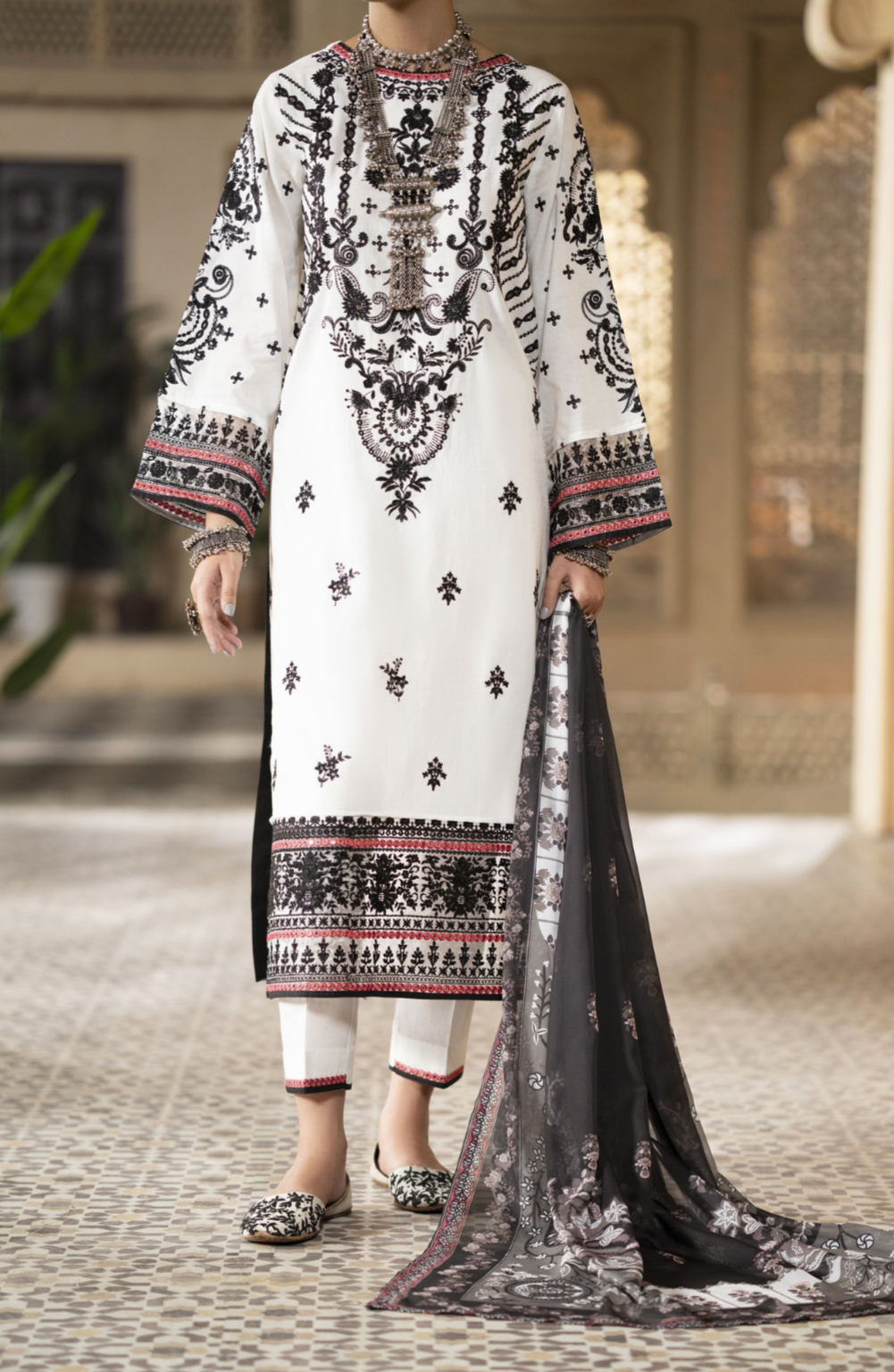 (White) Embroidered Cotton Lawn 3 Pc Dress - Casuallite