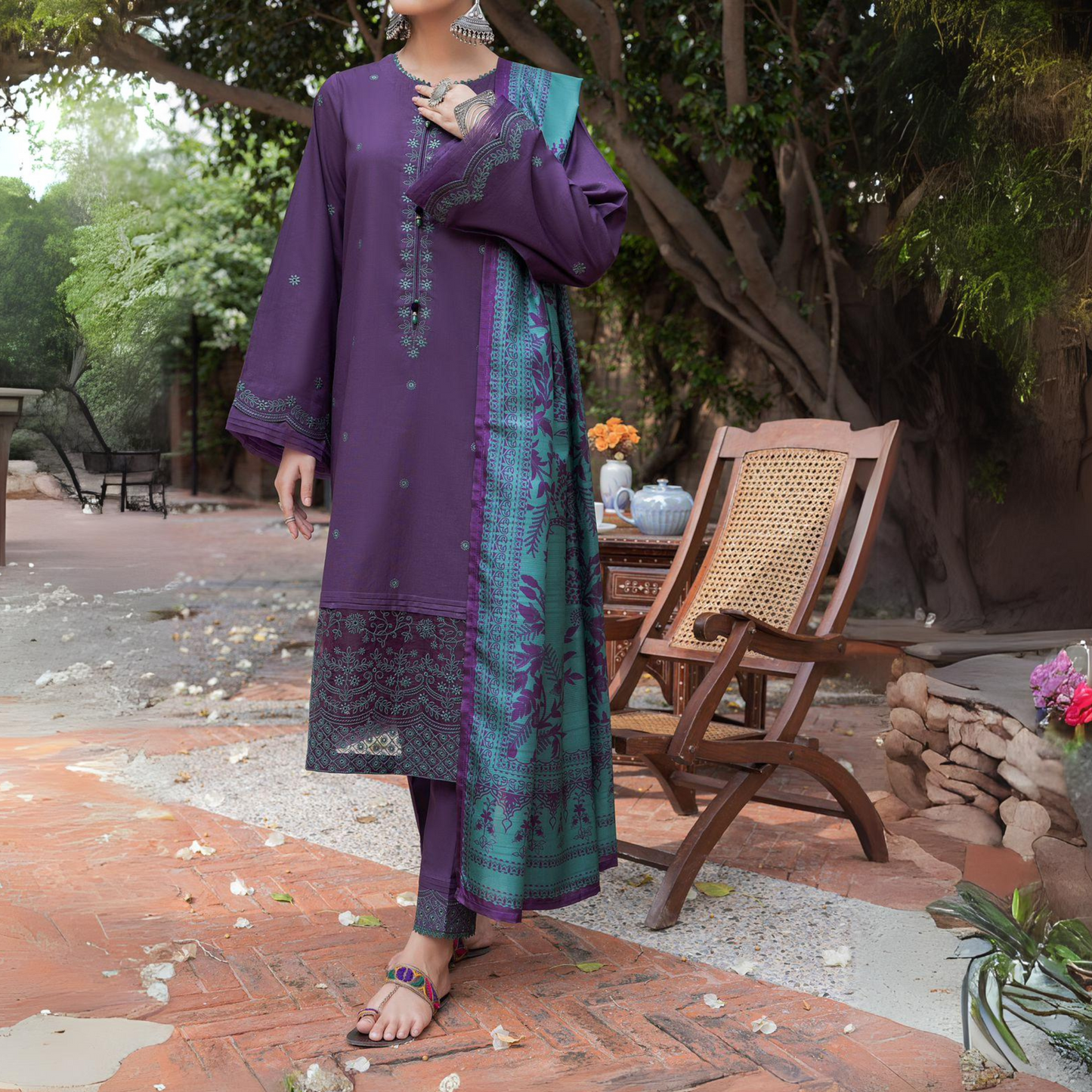 (Purple) Embroidered Linen 3 Pc Ready to Wear by Casuallite