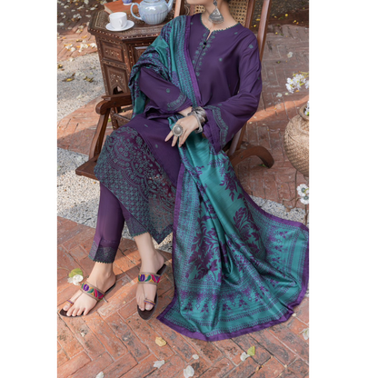 (Purple) Embroidered Linen 3 Pc Ready to Wear by Casuallite