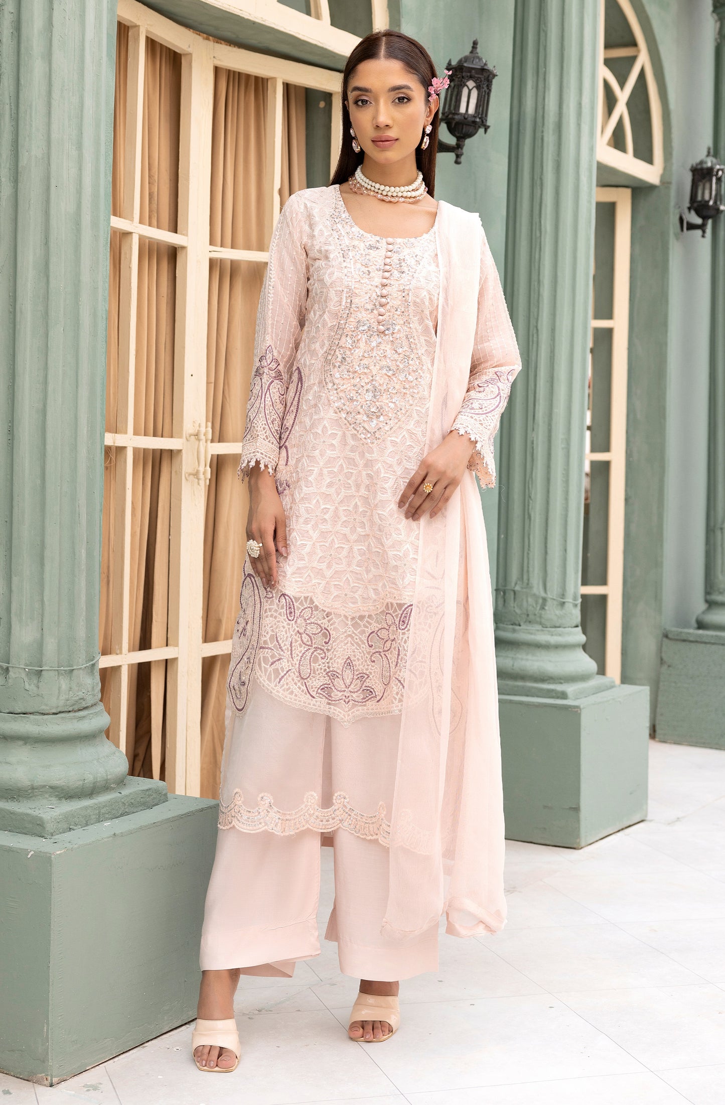 (Light Peach) Embroidered Linen with Chiffon Duppatta - Simrans