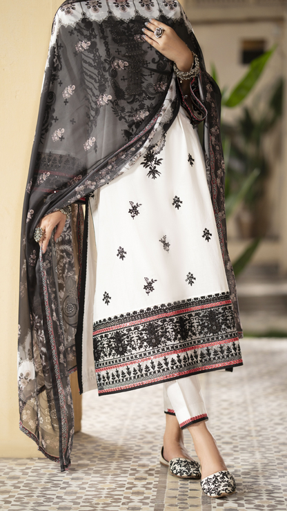 (White) Embroidered Cotton Lawn 3 Pc Dress - Casuallite