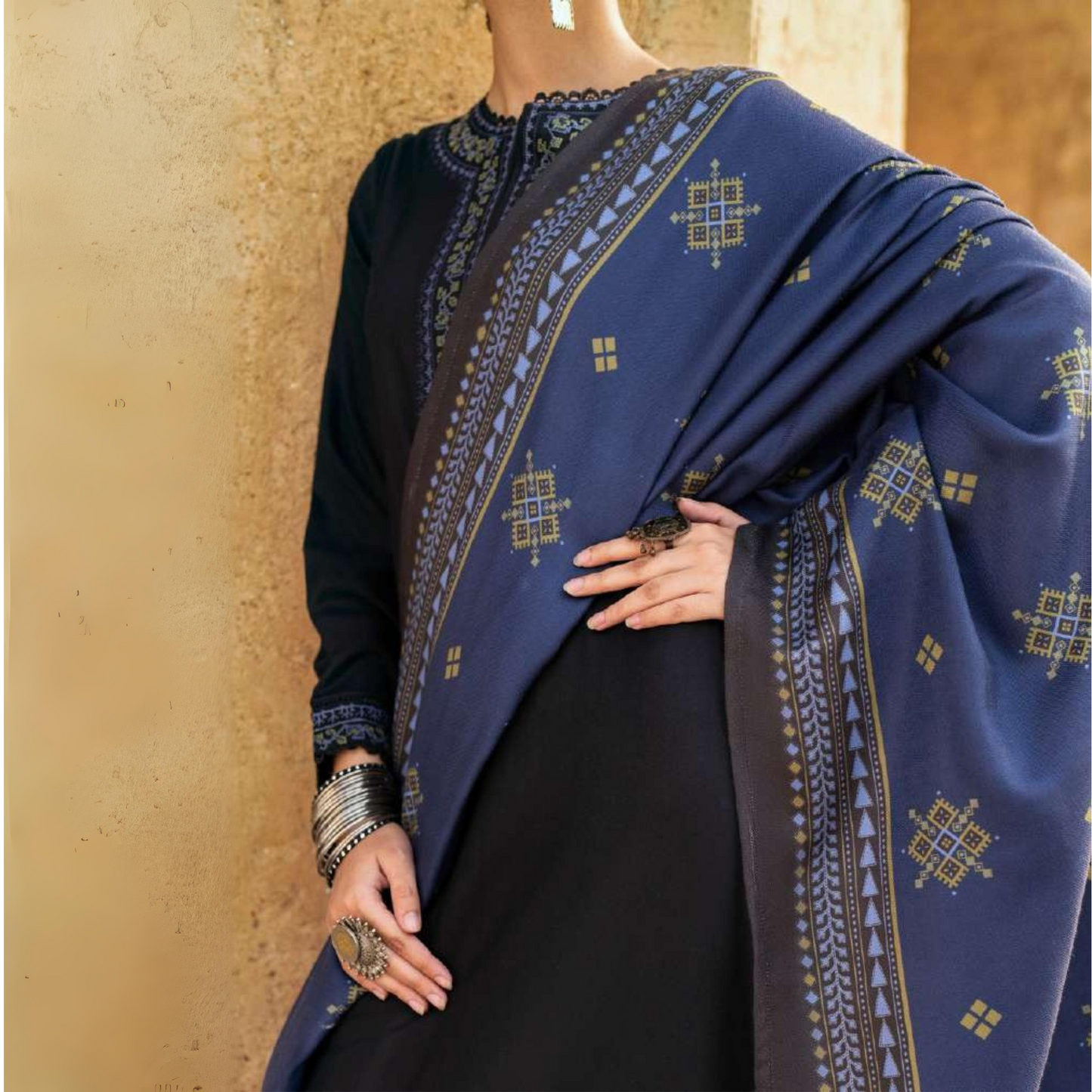 (Black) 3 Piece Embroidered Dhanak Ready to Wear Collection by Casuallite | UMCAE0605