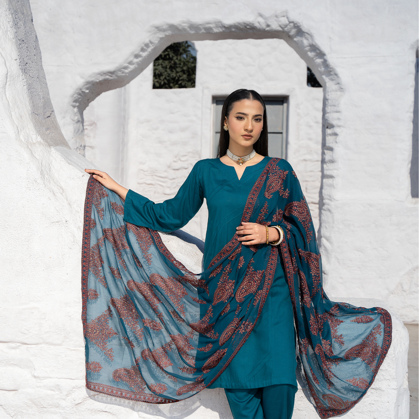 3 Pc Solid Slub Linen Dress with Embroidered Chiffon Dupatta| Winter Collection | Raniya.h | RA-13