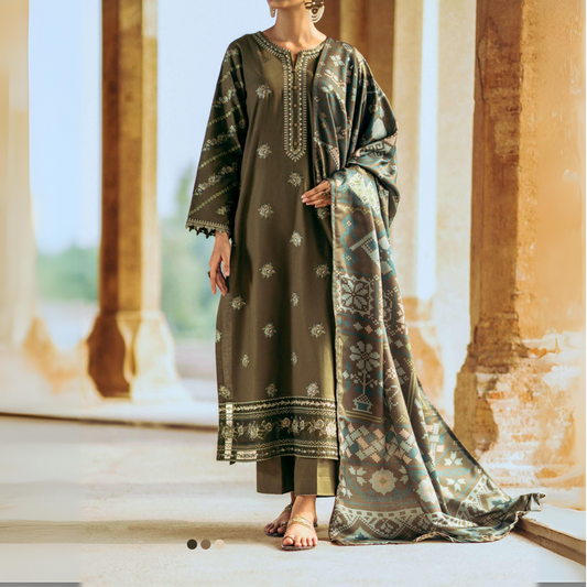 Olive Green 3 Piece Embridered Dhanak Ready to Wear Collection by Casuallite | UMCAE0606