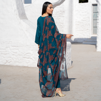 3 Pc Solid Slub Linen Dress with Embroidered Chiffon Dupatta| Winter Collection | Raniya.h | RA-13