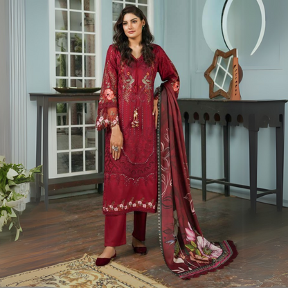 (MAROON) Heavy Embroidered Dhanak Ready to Wear Dress - MUNIRA