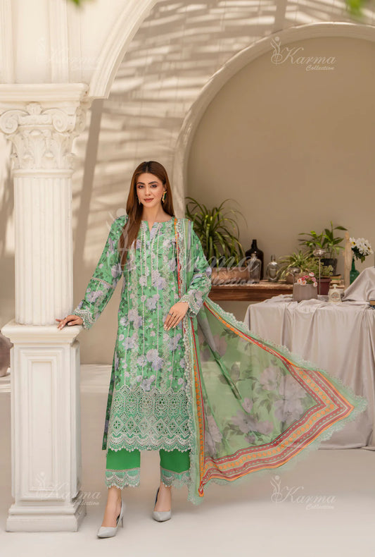 (Mint Green) Printed Chikenkari Cotton Lawn 3 Pc - Karma Collection