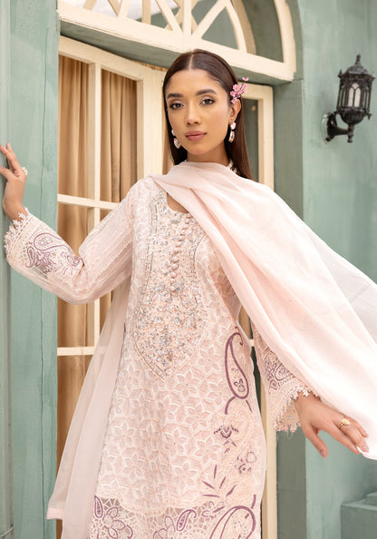 (Light Peach) Embroidered Linen with Chiffon Duppatta - Simrans