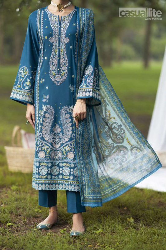 Blue | Embroidered Linen | 3 Pc | Ready to Wear | Casuallite