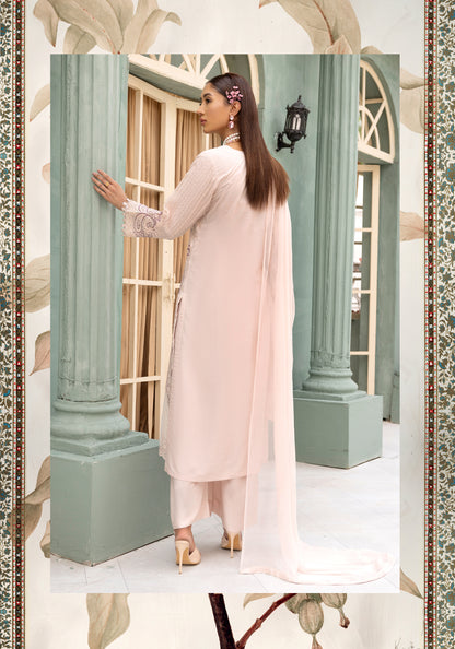 (Light Peach) Embroidered Linen with Chiffon Duppatta - Simrans