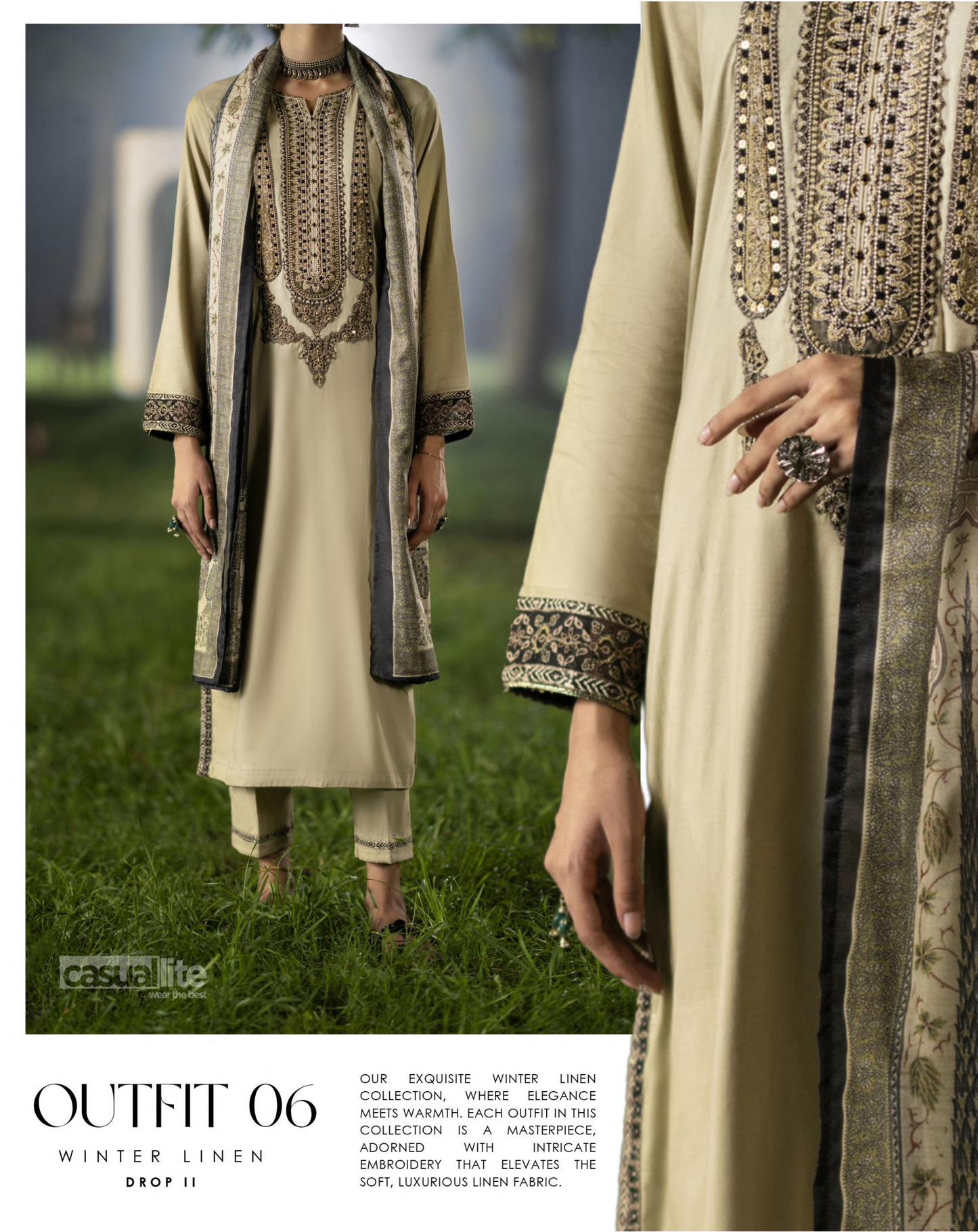 (Light Sand) Embroidered Linen 3 Pc Ready to Wear by Casuallite